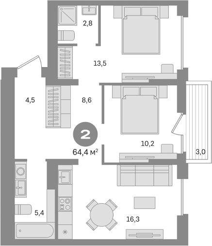 2-комн., 61.4 м², 2/9 этаж, ЖК «Первый квартал. Вторая очередь»