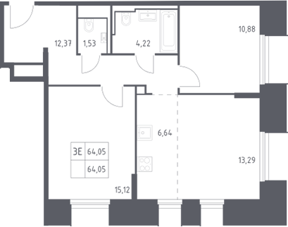 3-комн., 64.05 м², 28/30 этаж, ЖК «Скай Спутник»