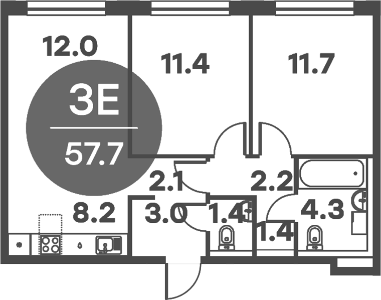3-комн., 57.7 м², 6/6 этаж, ЖК «Равновесие»