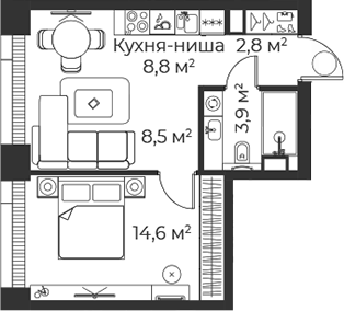 2-комн., 38.5 м², 3/38 этаж, ЖК «Веер»