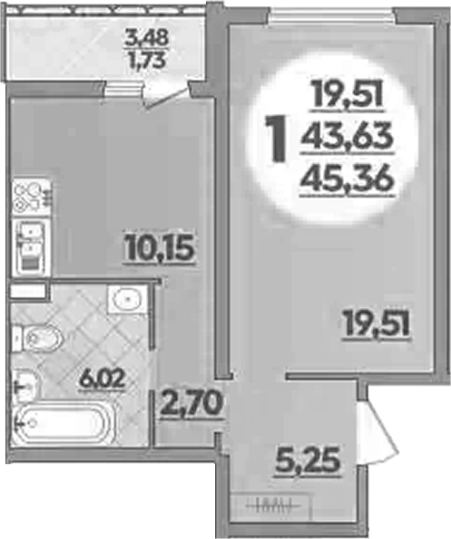 1-комн., 43.63 м², 1/16 этаж, ЖК «Восточный. Квартал №6»