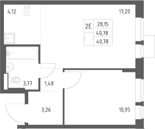 2-комн., 40.78 м², 14/17 этаж, ЖК «Квартал Авиаторов»