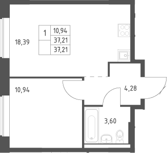 2-комн., 37.21 м², 2/12 этаж, ЖК «Большое Юрлово»