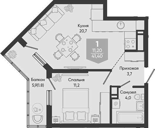 2-комн. квартира, 39.6 м² в ЖК Облака — фото 2