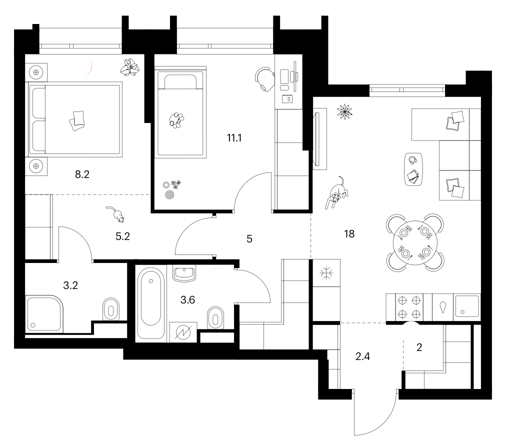 2-комн., 58.7 м², 13/28 этаж, ЖК «Зеленый парк»
