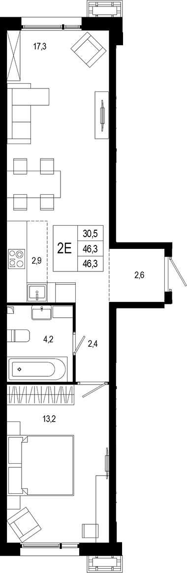 2-комн., 47.8 м², 1/8 этаж, ЖК «Новая Щербинка»