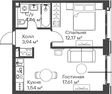 2-комн., 39.72 м², 11/15 этаж, ЖК «Сити Бэй»