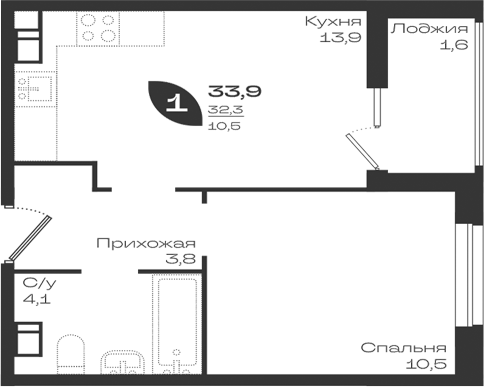 1-комн., 32.3 м², 9/9 этаж, ЖК «Ботаника»