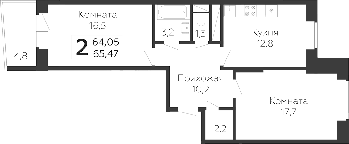 2-комн., 65.85 м², 19/20 этаж, ЖК «Онегин. ГК Развитие»