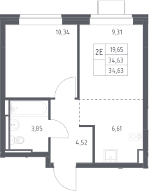 2-комн., 34.63 м², 9/12 этаж, ЖК «Богдановский лес»