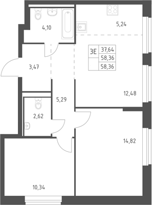 3-комн., 58.36 м², 13/17 этаж, ЖК «Горки Парк»
