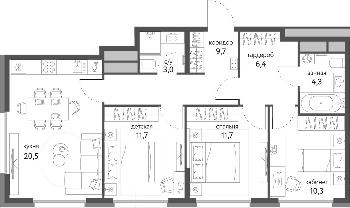 3-комн., 75.7 м², 17/20 этаж, ЖК «Сиреневый парк»