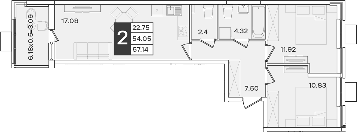 2-комн., 54.05 м², 2/18 этаж, ЖК «Сюжеты»
