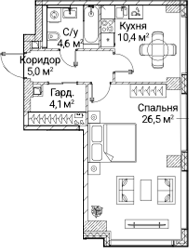 1-комн., 50.59 м², 8/41 этаж, ЖК «СЕЗАР БУДУЩЕЕ»