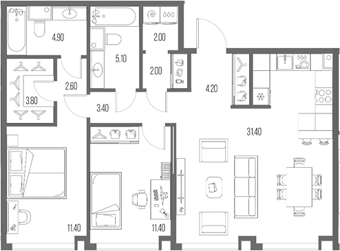 2-комн., 82.2 м², 17/20 этаж, ЖК «Северный Порт»