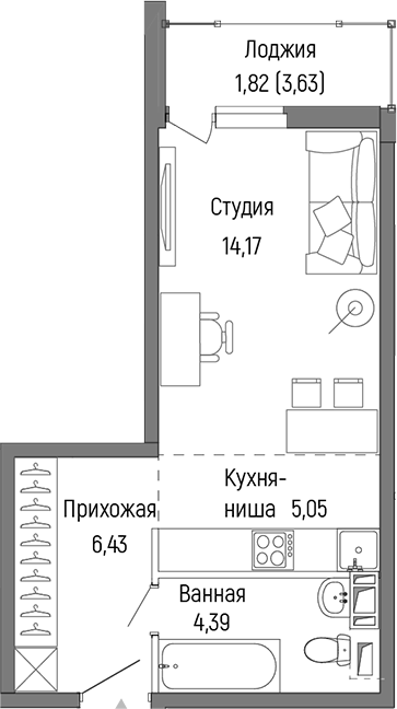 Студия, 30.04 м², 9/9 этаж, ЖК «Рига Хиллс»