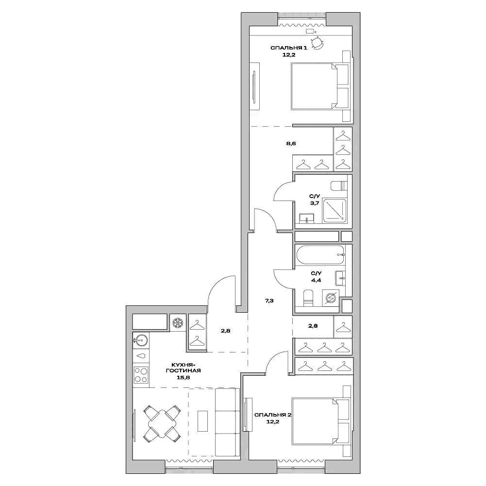 3-комн., 70.9 м², 6/22 этаж, ЖК «Детали»