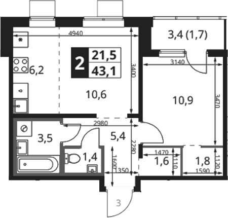 2-комн., 42.5 м², 9/18 этаж, ЖК «1-й Ясеневский»