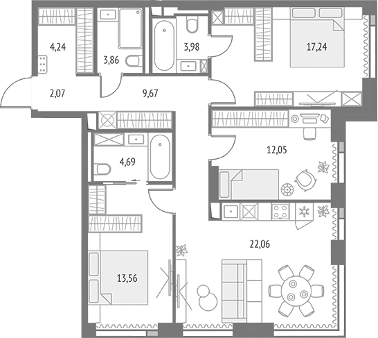 4+ комнаты, 93.47 м², 17/19 этаж, ЖК «Апсайд Тауэрс»