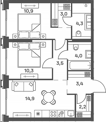 3-комн., 56.5 м², 29/29 этаж, ЖК «Портленд»