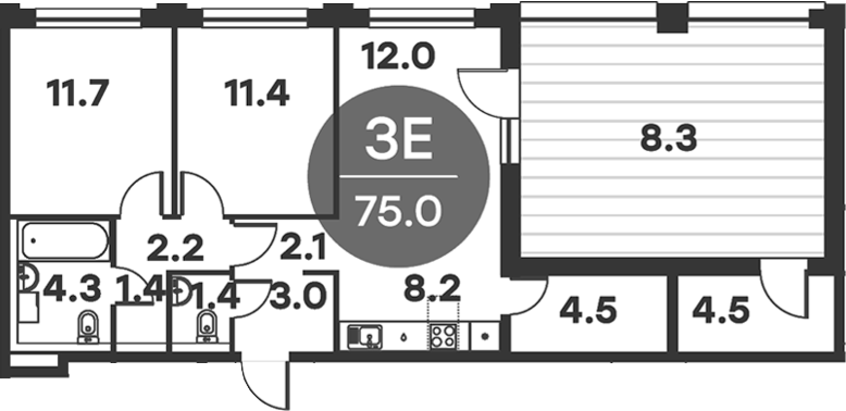3-комн., 73.17 м², 4/6 этаж, ЖК «Равновесие»