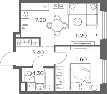 2-комн., 39.7 м², 22/23 этаж, ЖК «Белый Град»