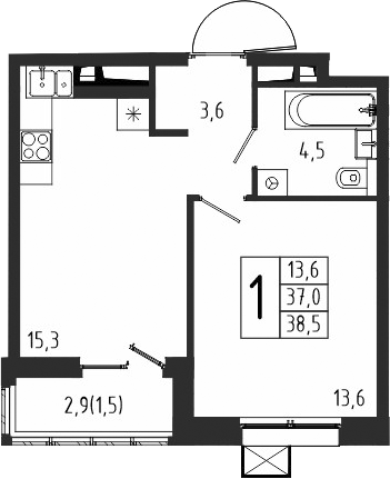 1-комн., 37 м², 3/10 этаж, ЖК «Берег»