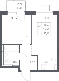 2-комн., 34.63 м², 12/12 этаж, ЖК «Богдановский лес»
