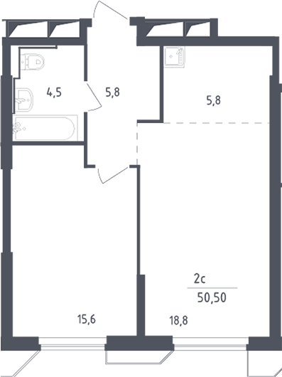 2-комн., 50.5 м², 29/30 этаж, ЖК «Скай Спутник»