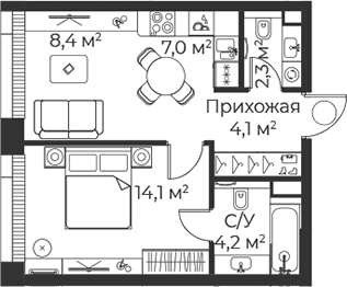 2-комн., 40.2 м², 30/38 этаж, ЖК «Веер»