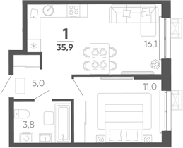 2-комн. квартира, 35.9 м² в ЖК Барса — фото 2
