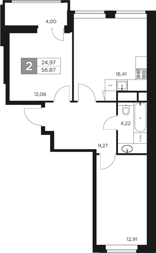 3-комн., 54.86 м², 13/17 этаж, ЖК «Восток 2»