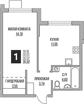 2-комн., 35.52 м², 12/12 этаж, ЖК «Гранель Притяжение Сити»