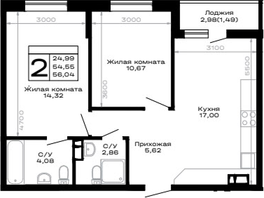 2-комн., 54.55 м², 14/16 этаж, ЖК «Горные высоты»
