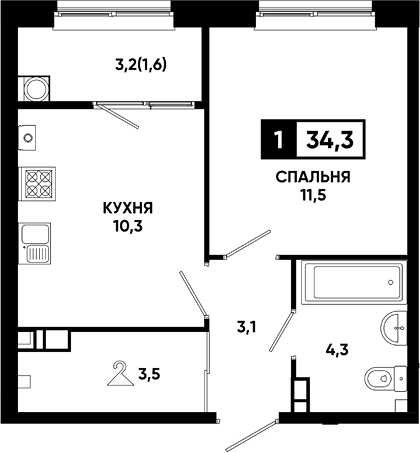 1-комн., 32.7 м², 3/8 этаж, ЖК «Резиденция Софи»