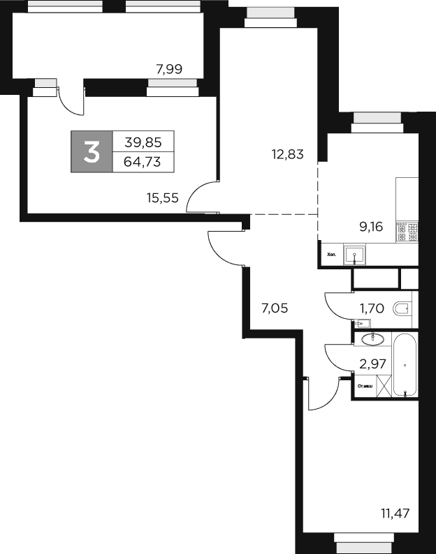 3-комн., 60.73 м², 9/12 этаж, ЖК «Восток 2»