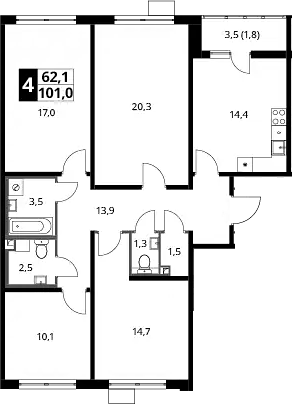 4+ комнаты, 100.7 м², 19/23 этаж, ЖК «Южная Битца»
