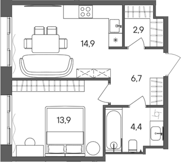 1-комн., 42.8 м², 25/28 этаж, ЖК «СТОУН Сокольники»