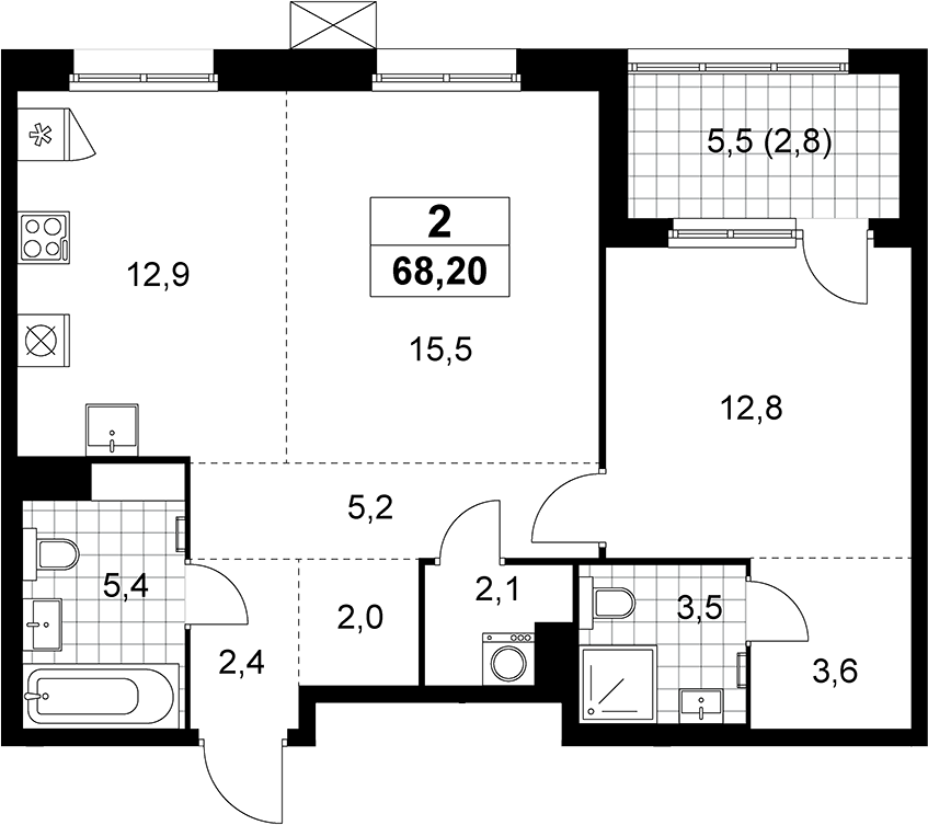 2-комн., 65.4 м², 7/8 этаж, ЖК «Дзен-кварталы»