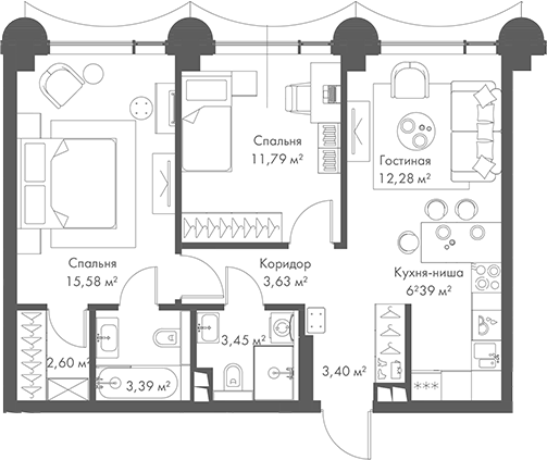 3-комн., 62.51 м², 3/17 этаж, ЖК «МИРА»
