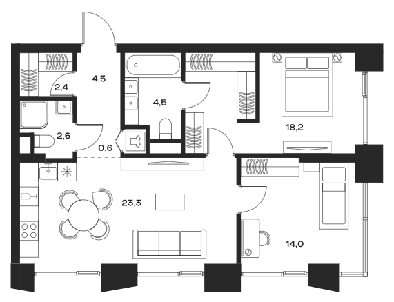 3-комн., 70.1 м², 3/27 этаж, ЖК «СОУЛ»