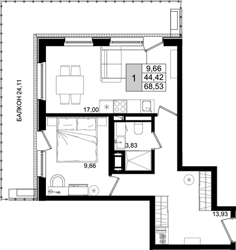 2-комн., 43.08 м², 4/8 этаж, ЖК «IT гостиничный комплекс Корсаков»
