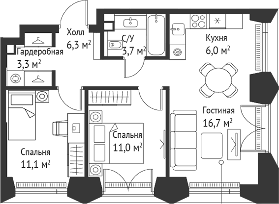 3-комн., 58.2 м², 7/52 этаж, ЖК «СЕТ»