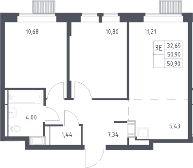 3-комн., 50.9 м², 23/25 этаж, ЖК «Большое Путилково»