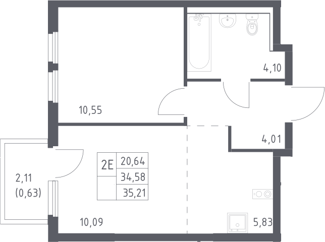 2-комн., 34.58 м², 16/17 этаж, ЖК «Пригород Лесное»