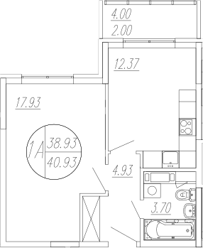 1-комн., 38.93 м², 3/4 этаж, ЖК «Шолохово»