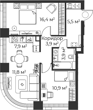 3-комн., 60.3 м², 43/71 этаж, ЖК «Веер»