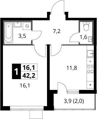 1-комн., 40.2 м², 21/25 этаж, ЖК «1-й Южный»