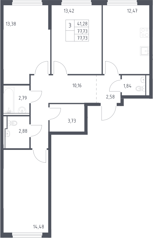 3-комн., 77.73 м², 10/17 этаж, ЖК «Пригород Лесное»