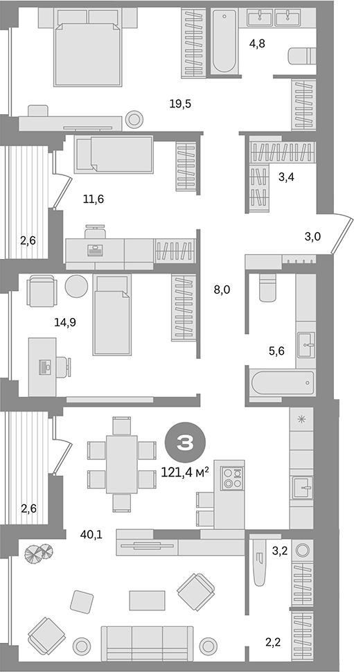 3-комн., 116.2 м², 3/17 этаж, ЖК «Первый квартал. Вторая очередь»